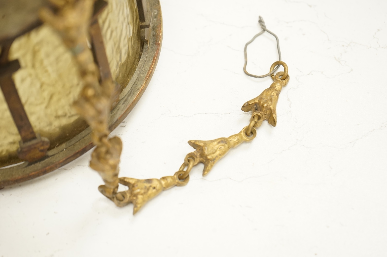 A brass and glass hanging ‘crown’ ceiling pendant, 20cm diameter